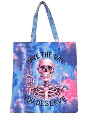 Have The Day You Deserve Skelly Pink and Blue Tie Dye Canvas Tote Bag